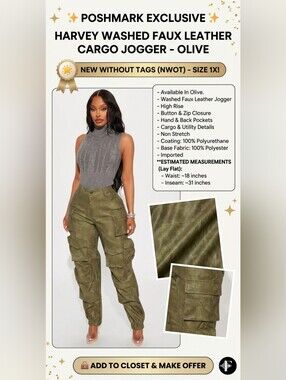 Fashion Nova Olive Faux Leather Cargo Jogger – Size 1X (NWOT)